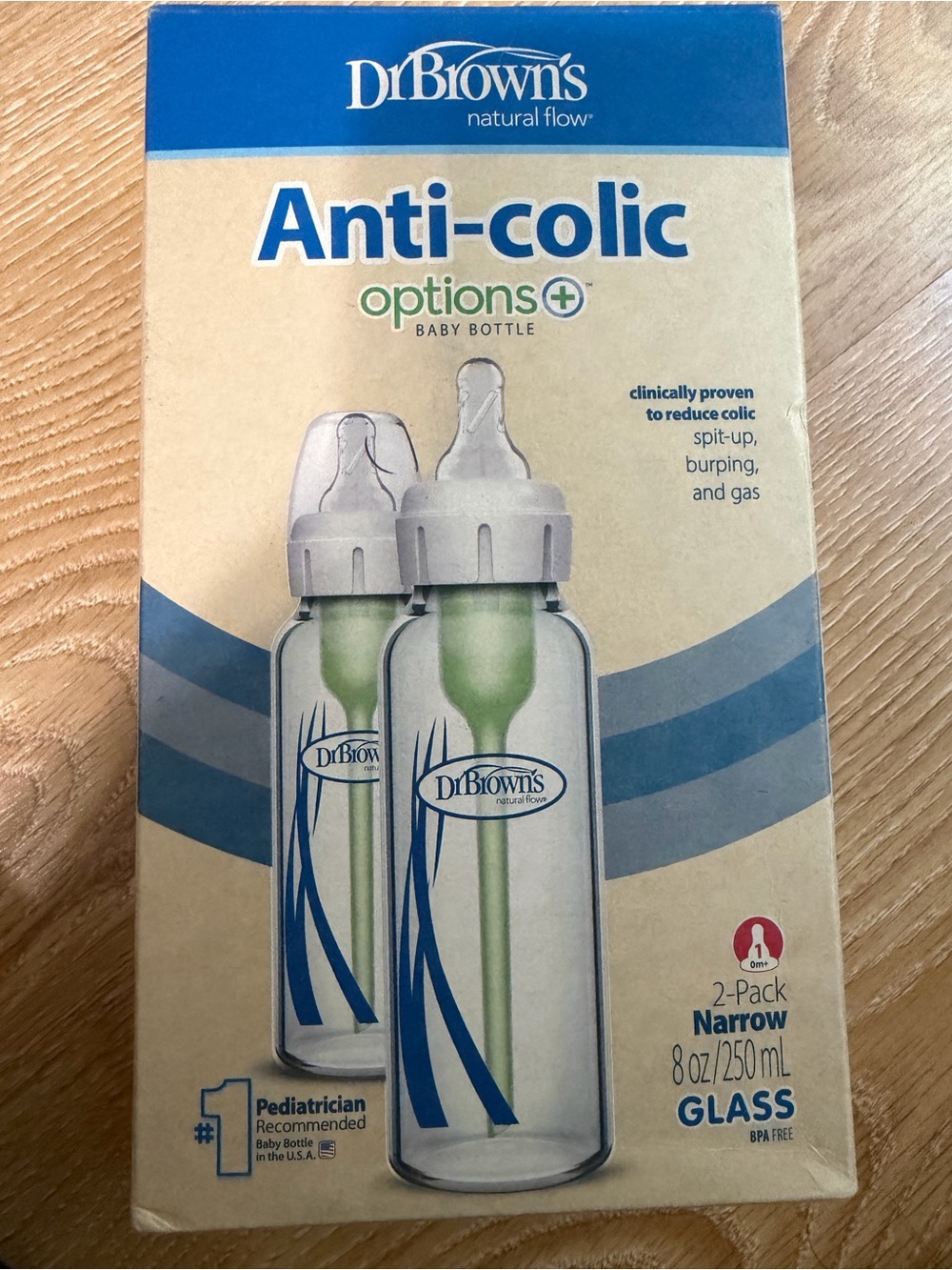 Anti-Colic Options+ Baby Bottle Glass 8oz - Clear with Green Vent (2-Pack)